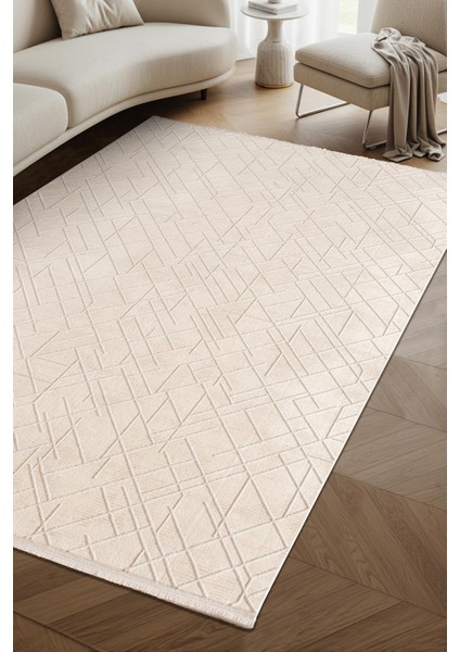 Crown CR005W Krem Halı Modern Detaylı Pamuk Taban Akrilik Tozuaz Salon Yatak Odası Koridor Halısı