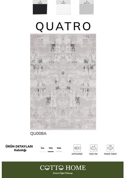 Quatro QU008A Gri Halı Modern Desen Antialerjik Pamuk Taban Salon Halısı Yatak Odası Mutfak Koridor fiyatları