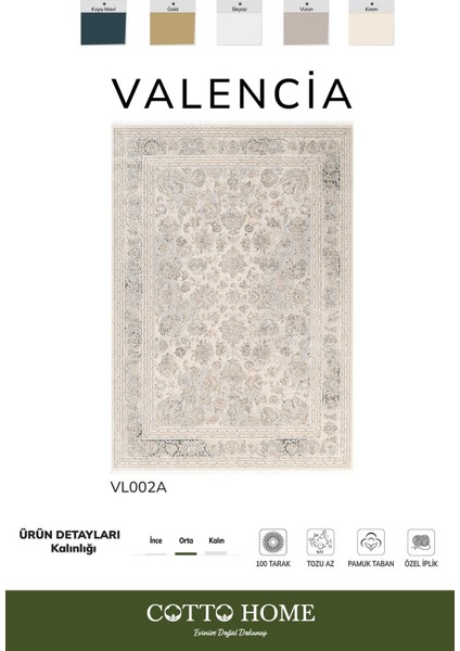 Valencıa VL002A Klasik Desenli Krem Halı Özel Akrilik Iplik Pamuk Taban Tozu Az Salon Halısı