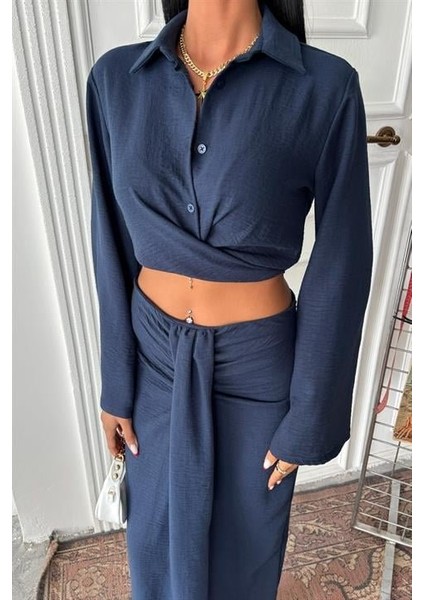 Crop Gömlekli ve Eteği Büzgülü Tasarım Takım modelleri