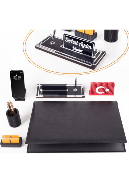 Redora Türk Bayraklı Biblolu Gümüş Renk Deri Ofis Sümen Seti Isme Özel Masa Isimliği Masaüstü Seti