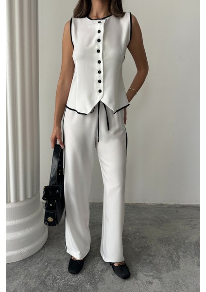 Keten Kenarları Biyeli Yelek - Pantolon Takım - Beyaz fiyatları