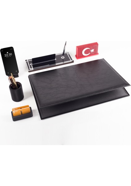 Redora Türk Bayraklı Biblolu Gümüş Renk Deri Ofis Sümen Seti Isme Özel Masa Isimliği Masaüstü Seti modelleri