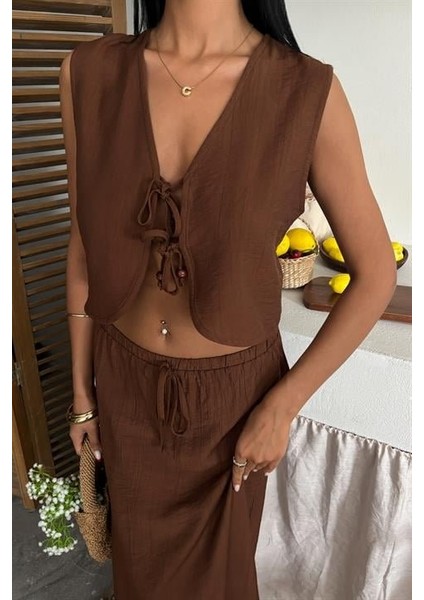 Yelek Önden Bağlamalı Uzun Etekli Takım modelleri