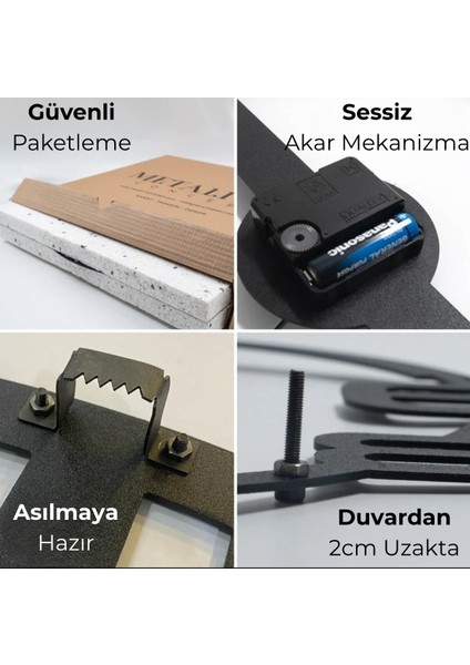 Türkçe Rakamlı Dekoratif Siyah Metal Duvar Saati 60X60CM