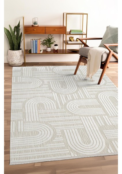 Tablo TL005A Krem Halı Geometrik Desen Antialerjik Pamuk Taban Yıkanabilir Salon Halısı Yatak Odası