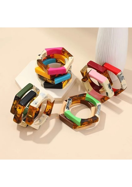 KB77-20 Vintage Altıgen Karışık Renk Charm Bilezik Kadınlar Için Trendy Düzensiz Geometri Reçine Bileklik Bileklik Kadın Basit Hediye Takı (Yurt Dışından)