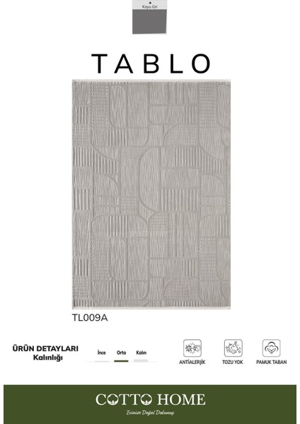 Tablo TL009A Gri Halı Geometrik Desen Antialerjik Pamuk Taban Yıkanabilir Salon Halısı Yatak Odası