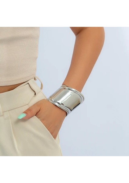 Parlak Gümüş 2 Abartılı Büyük Ağır Metal Parlak Açık Bilezik Kadın Punk Büyük C Şekli Çingene Geniş Manşet Kol Bandı Kol Bilezik Takı Steampunk (Yurt Dışından)