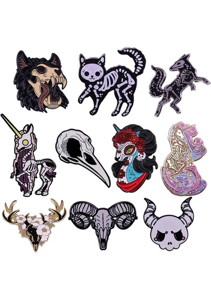 01 Hayvan Kafa Kafatasları Emaye Pin Tilki Kurt Karga Kedi Unicorn Geyik Kafatası Broş Iskelet Sanat Rozeti Dekorasyon Festivali Takı (Yurt Dışından) fiyatları