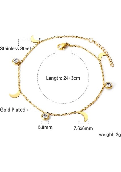 142G Ay Luxusteel Paslanmaz Çelik Halhal Kadınlar Altın Kaplama Yuvarlak Taşlı Kristal Rhinestone Charm Alerji Ayak Zinciri Plaj Takı (Yurt Dışından)