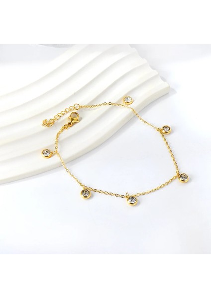 142G Ay Luxusteel Paslanmaz Çelik Halhal Kadınlar Altın Kaplama Yuvarlak Taşlı Kristal Rhinestone Charm Alerji Ayak Zinciri Plaj Takı (Yurt Dışından) indirimleri