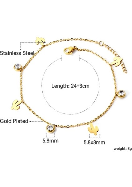 132G Kaktüs Luxusteel Paslanmaz Çelik Halhal Kadınlar Için Altın Kaplama Yuvarlak Taşlı Kristal Rhinestone Charm Ayak Zinciri Plaj Takı (Yurt Dışından)