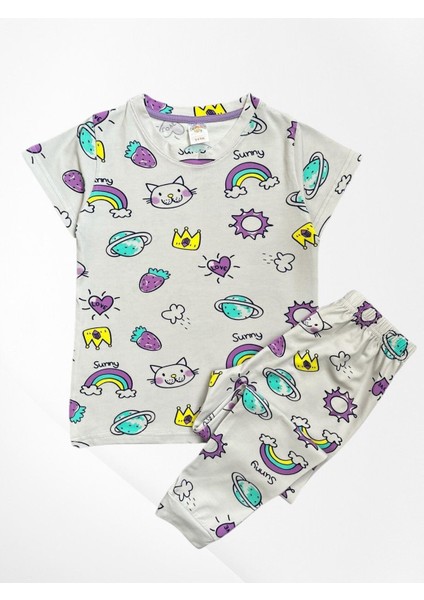 Kız Çocuk %100 Pamuklu Mor Kedi Kalp Gökkuşağı Desenli Kısa Kollu Mevsimlik Pijama Takımı