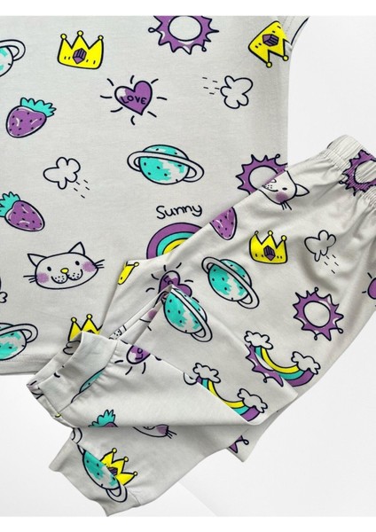 Kız Çocuk %100 Pamuklu Mor Kedi Kalp Gökkuşağı Desenli Kısa Kollu Mevsimlik Pijama Takımı