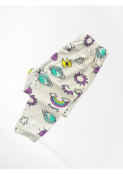 Kız Çocuk %100 Pamuklu Mor Kedi Kalp Gökkuşağı Desenli Kısa Kollu Mevsimlik Pijama Takımı