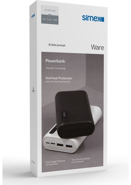 Simx S-28 Ware 20.000MAH Dijital Göstergeli 12W Hızlı Şarj Power Bank -Siyah