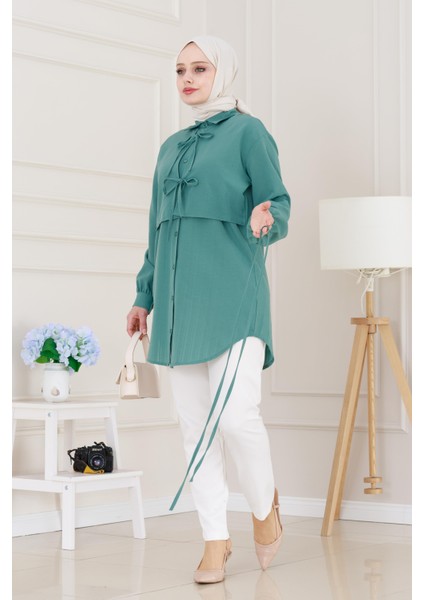 Cepken Detaylı Bağlamalı Keten Tunik-Yeşil