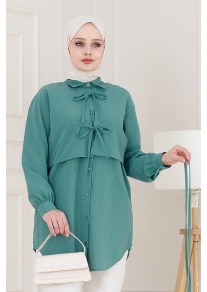 Cepken Detaylı Bağlamalı Keten Tunik-Yeşil
