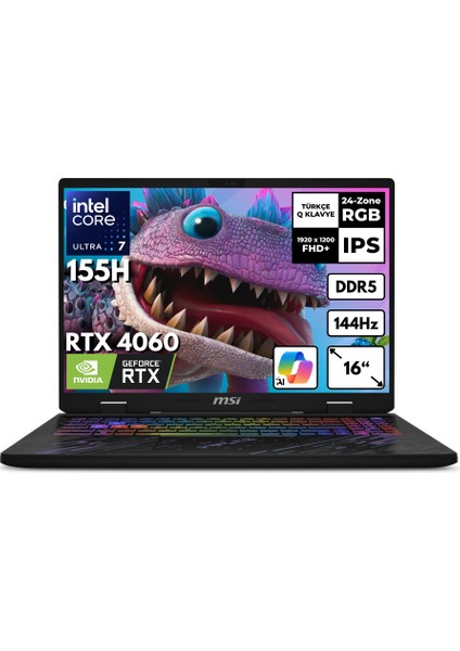 Msı Pulse 16 Aı Ultra 7-155H 40-GB DDR5 512 Gbssd RTX4060 (8GB-140W) 16" Fhd+ Windows 10 Home Taşınabilir Bilgisayar C1VFKG-087XTRHMF120