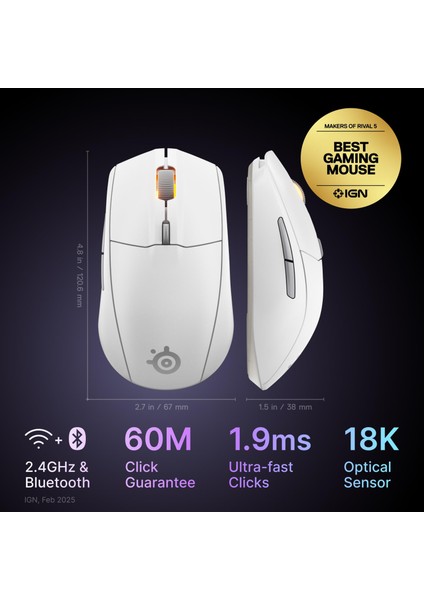 Rival 3 Wireless Gen 2 Gaming Mouse - 2.4ghz ve Bluetooth Bağlantı - Beyaz