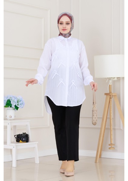 Önü Fiyonk Detaylı Keten Tunik-Beyaz fiyatları