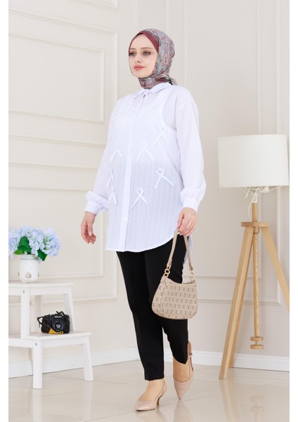 Önü Fiyonk Detaylı Keten Tunik-Beyaz modelleri