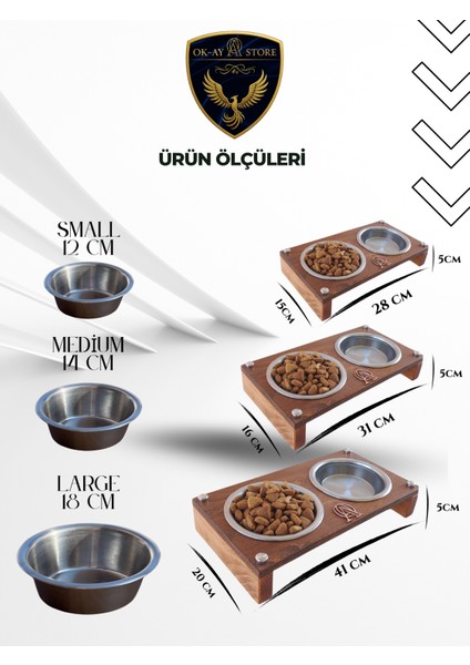 Kedi Köpek Mama ve Su Kabı Standı – Ahşap Gövde, Paslanmaz Çelik Kaseli, Kaymaz Tabanlı