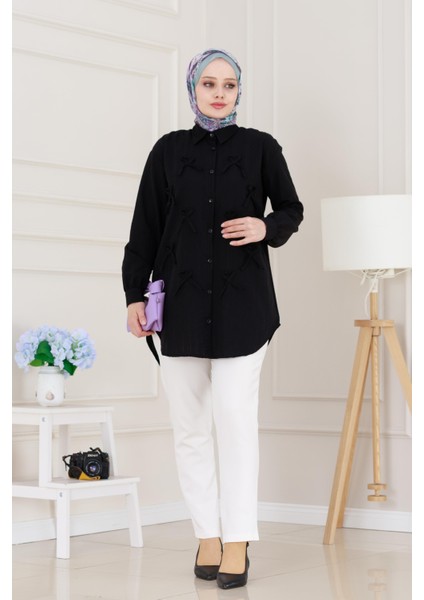 Önü Fiyonk Detaylı Keten Tunik-Siyah