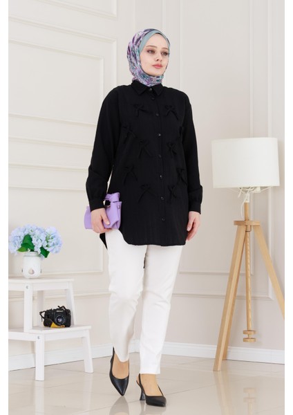 Önü Fiyonk Detaylı Keten Tunik-Siyah fiyatları
