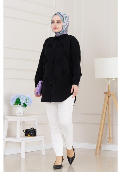 Önü Fiyonk Detaylı Keten Tunik-Siyah modelleri