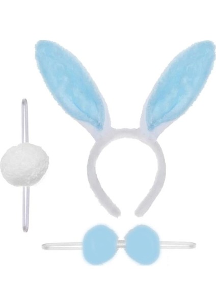 Tavşan Kostüm Seti Mavi Renk - Taç, Papyon, Ponpon, Kuyruk