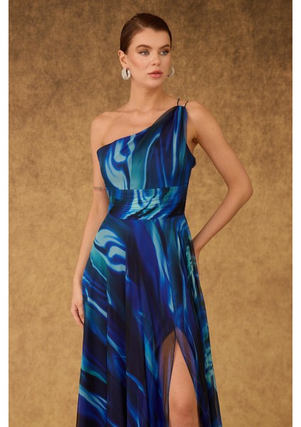 Kadın Abiye Elbise Tek Kol Yırtmaçlı Şifon Maxi Saks Mavi Gece Elbisesi fiyatları