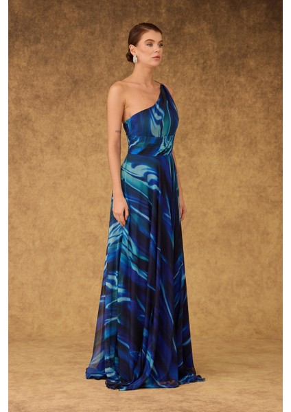 Kadın Abiye Elbise Tek Kol Yırtmaçlı Şifon Maxi Saks Mavi Gece Elbisesi modelleri