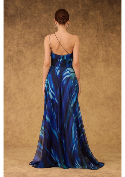 Kadın Abiye Elbise Tek Kol Yırtmaçlı Şifon Maxi Saks Mavi Gece Elbisesi indirimleri