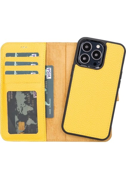 Apple iPhone 13 Pro Uyumlu Deri Cüzdanlı Kılıf FL12 Sarı