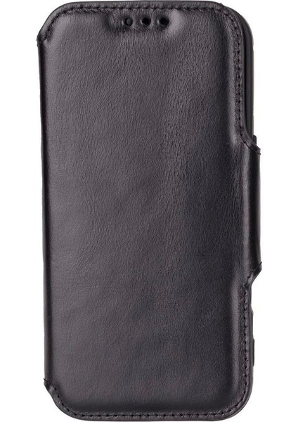 Apple iPhone 16 Pro Uyumlu, Hakiki Deri, El Yapımı, Cüzdanlı Kılıf, Parlak Siyah fırsatları