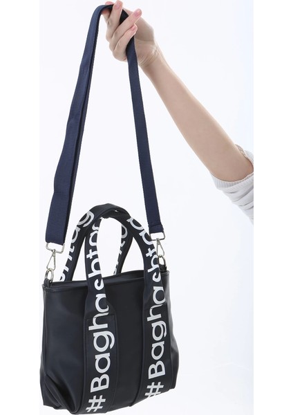 Baghashtag Lacivert Mini Su Geçirmez Kulp Yazılı Tote Çanta