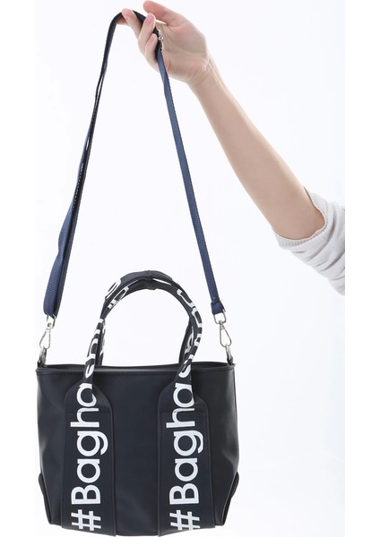Baghashtag Lacivert Mini Su Geçirmez Kulp Yazılı Tote Çanta