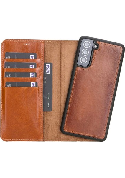 Samsung Galaxy S21 Plus Uyumlu Deri Cüzdanlı Kılıf Rustik Taba