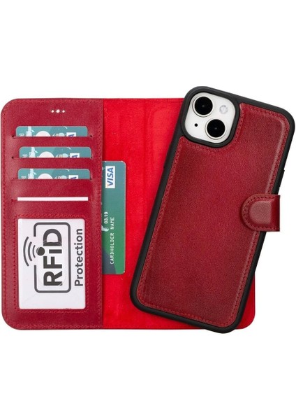 Apple iPhone 15 Plus Uyumlu Deri Cüzdanlı Kılıf Mwwn V4EF Kırmızı indirimleri