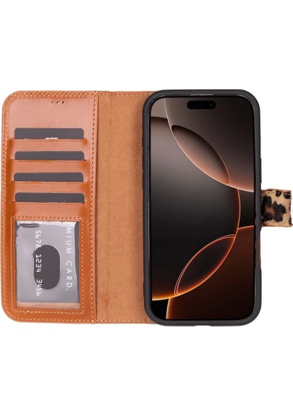 Apple iPhone 16 Pro Uyumlu, Hakiki Deri, El Yapımı, Cüzdanlı Kılıf, Leopar fiyatları