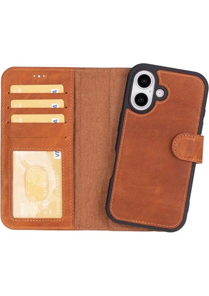 Apple iPhone 16 Plus Uyumlu, Hakiki Deri, El Yapımı, Cüzdanlı Kılıf, Karamel