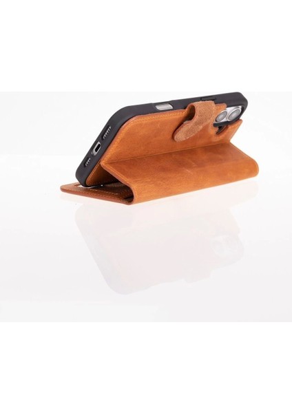 Apple iPhone 16 Plus Uyumlu, Hakiki Deri, El Yapımı, Cüzdanlı Kılıf, Karamel modelleri