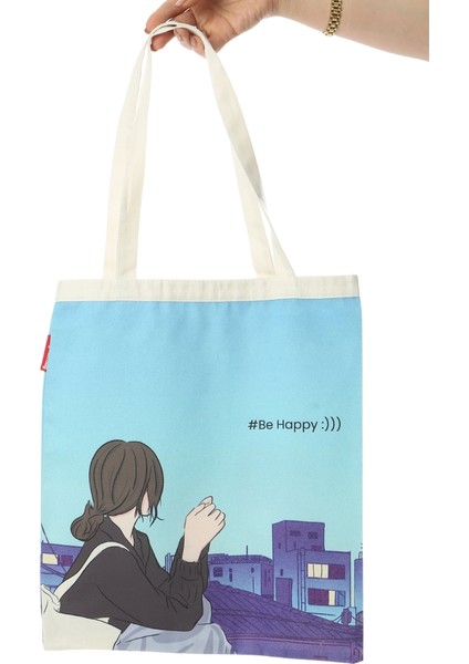 Baghashtag Anime Kız Be Happy Baskılı Bez Çanta