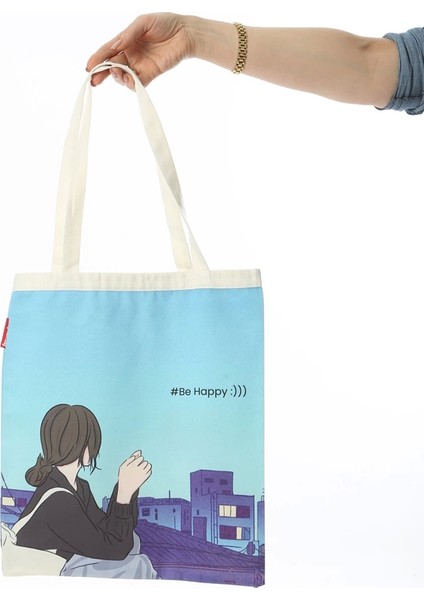Baghashtag Anime Kız Be Happy Baskılı Bez Çanta