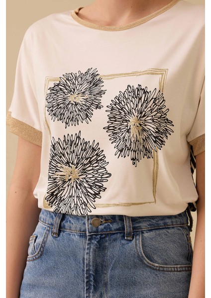 Kadın Baskılı Kısa Kollu T-Shirt 0011 Ekru
