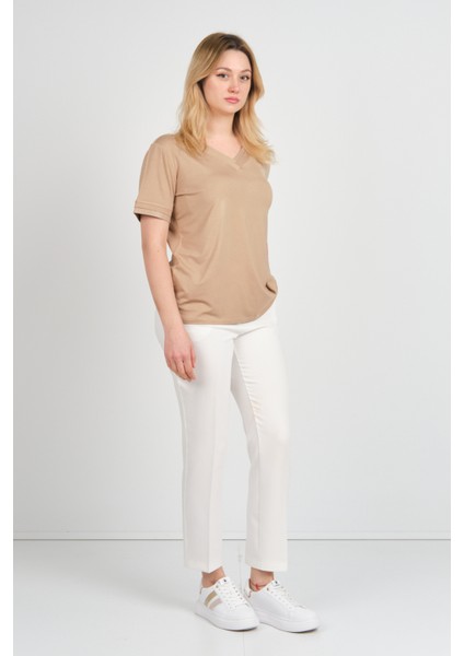 Kadın Kısa Kollu V Yaka Sim Detaylı Bluz 24E032 Vizon fiyatları
