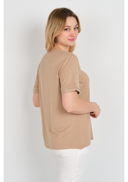 Kadın Kısa Kollu V Yaka Sim Detaylı Bluz 24E032 Vizon fırsatları