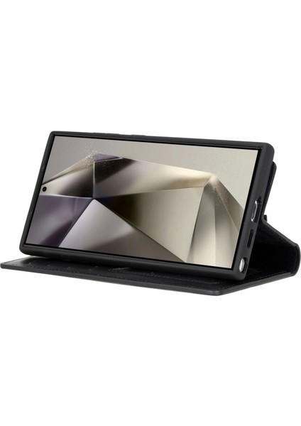 Samsung Galaxy S24 Ultra Uyumlu, Deri Cüzdanlı Kılıf, Parlak Siyah modelleri